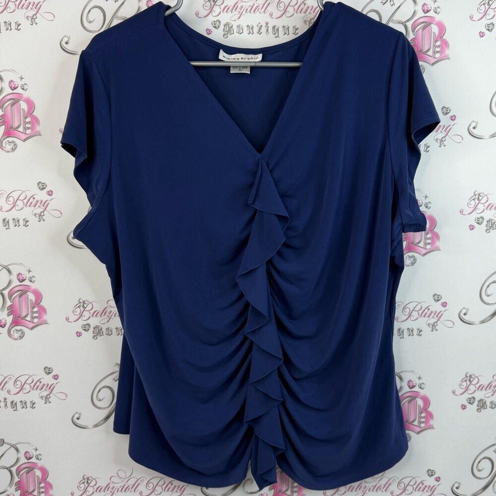 Bianca Nygard T-shirt, ruffle, frilly, detail, blue, Elegant Navy Ruffle Blouse